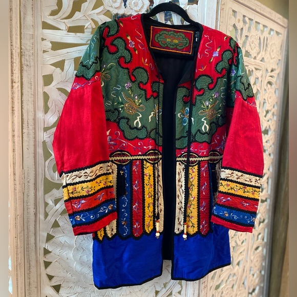 Rare Retro Embroidered Bedazzled Bright Colorful Vintage Silk Kimono Coat Jacket - Picture 2 of 13